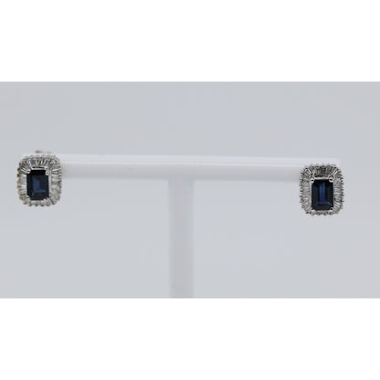 14K White Gold Radiant Cut Sapphire & Diamond Rectangular Stud Earrings