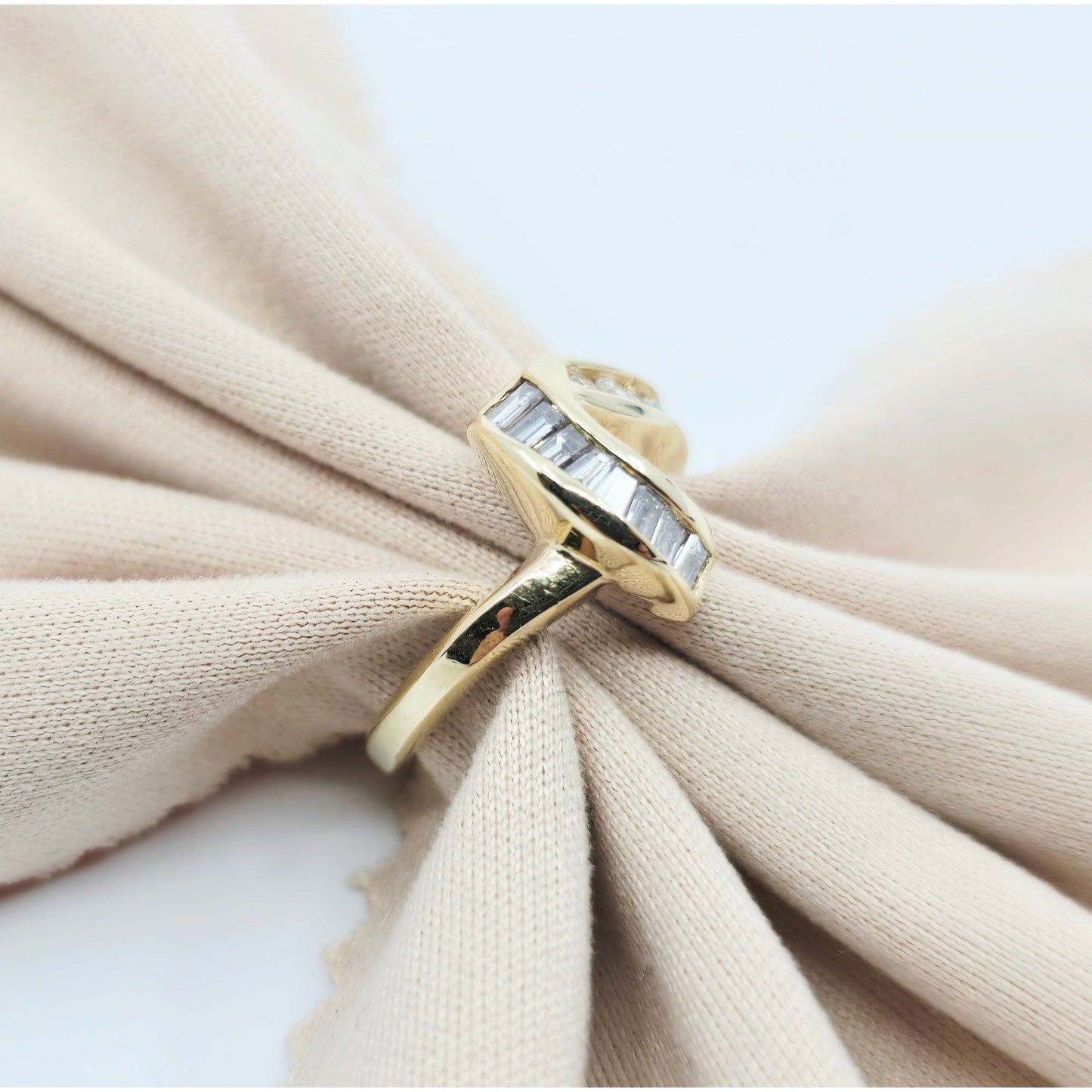 14K Yellow Gold Baguette & Round Diamond Wavy Ring