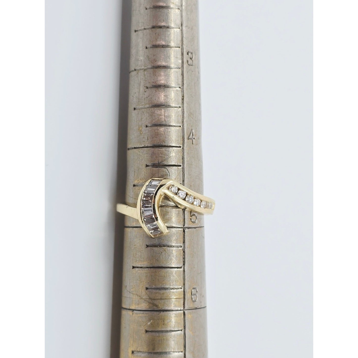 14K Yellow Gold Baguette & Round Diamond Wavy Ring