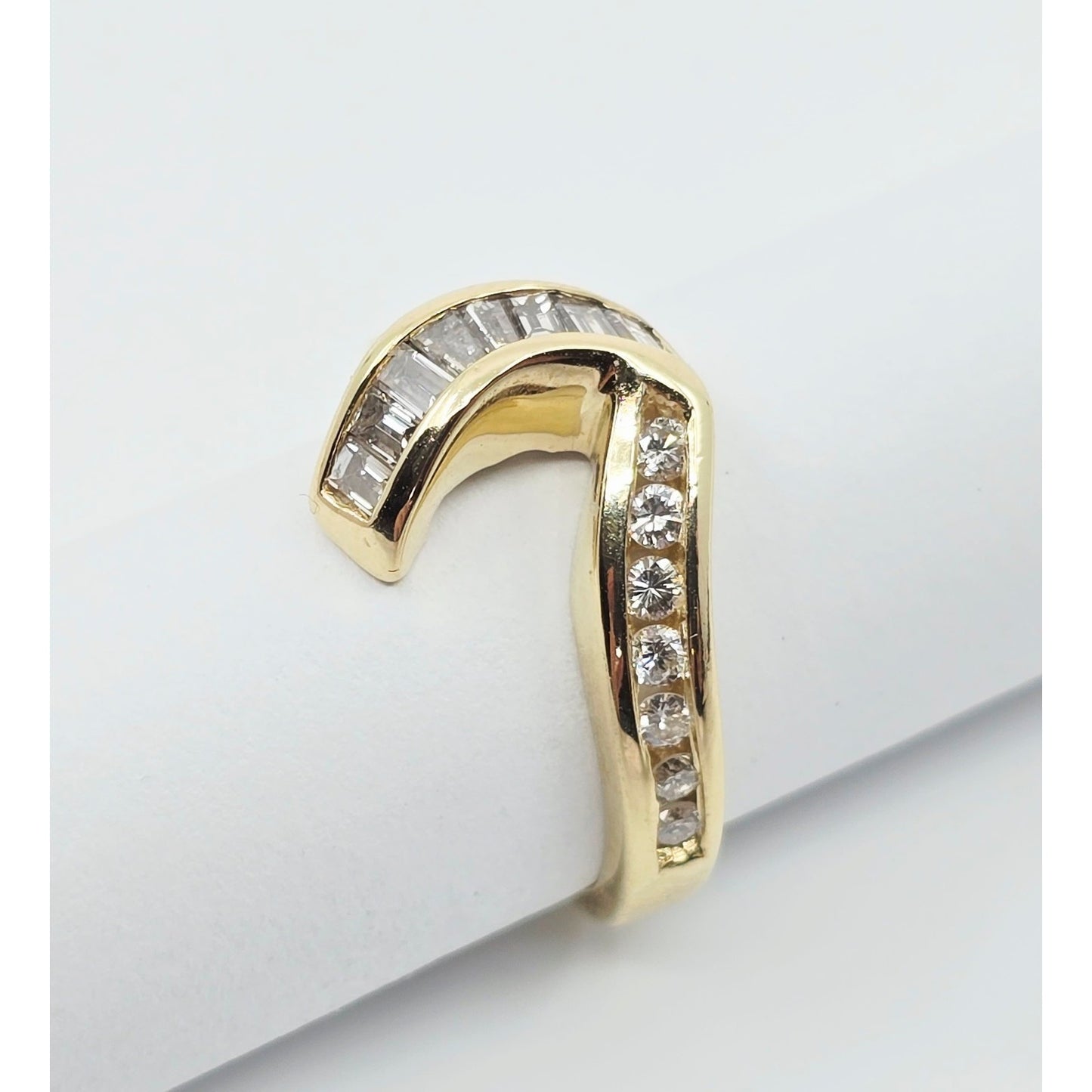 14K Yellow Gold Baguette & Round Diamond Wavy Ring