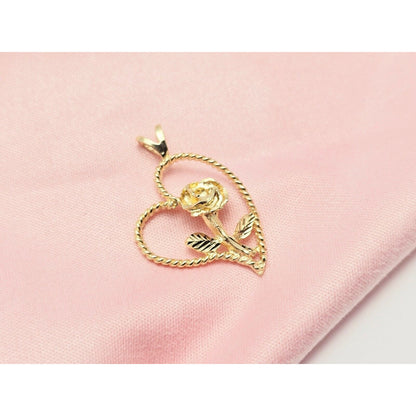 14K Yellow Gold Diamond Cut Flower Rose in Open Heart Charm Pendant