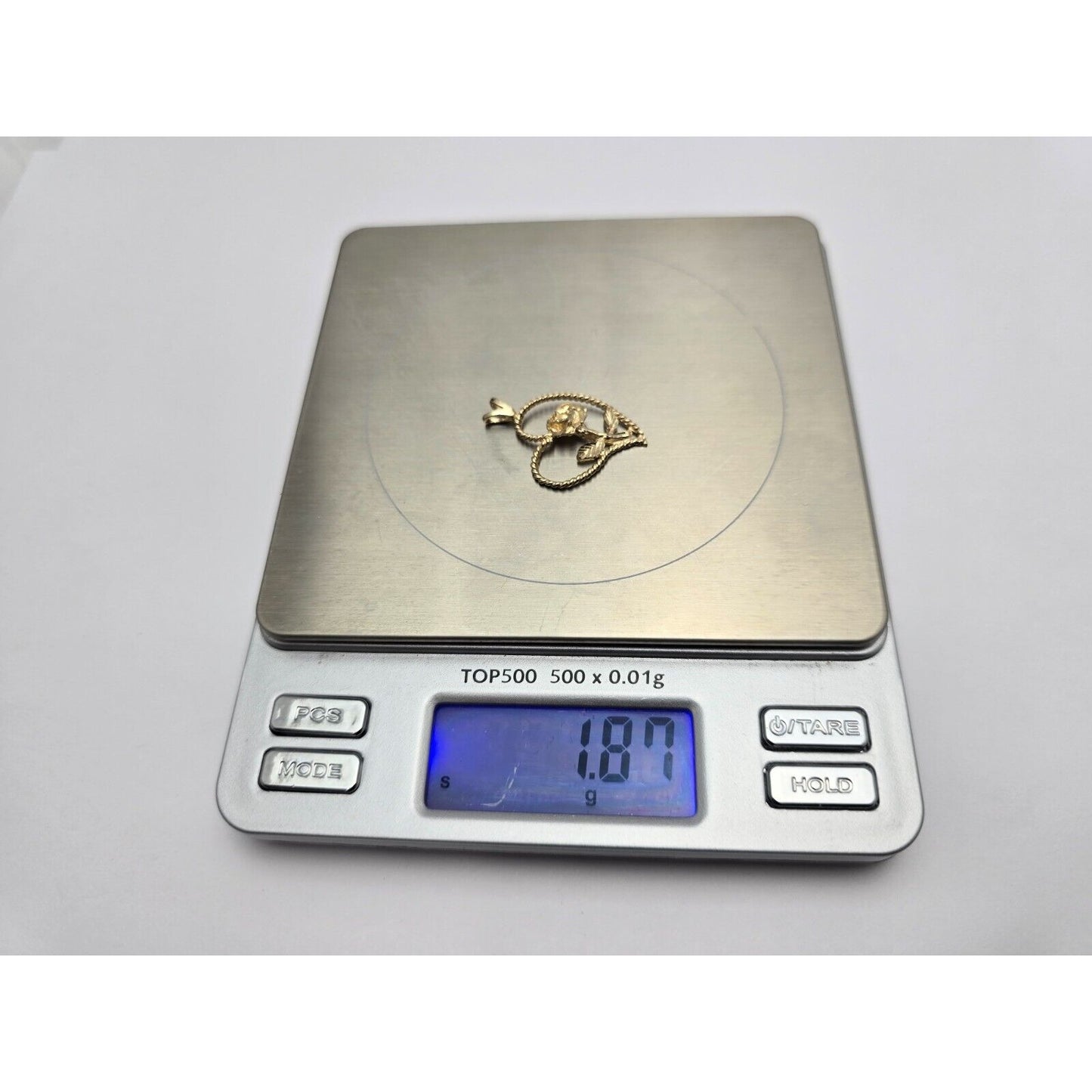 14K Yellow Gold Diamond Cut Flower Rose in Open Heart Charm Pendant