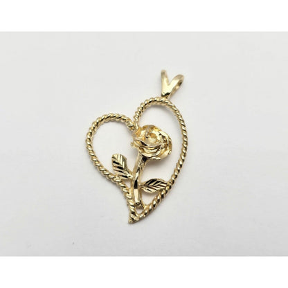 14K Yellow Gold Diamond Cut Flower Rose in Open Heart Charm Pendant