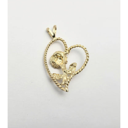 14K Yellow Gold Diamond Cut Flower Rose in Open Heart Charm Pendant