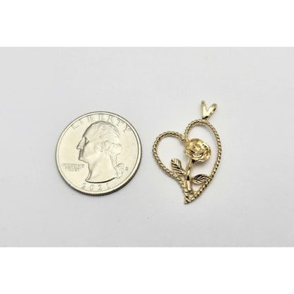 14K Yellow Gold Diamond Cut Flower Rose in Open Heart Charm Pendant
