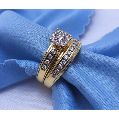 14K Yellow Gold Ladies Round Diamond Wedding Set Ring & Band