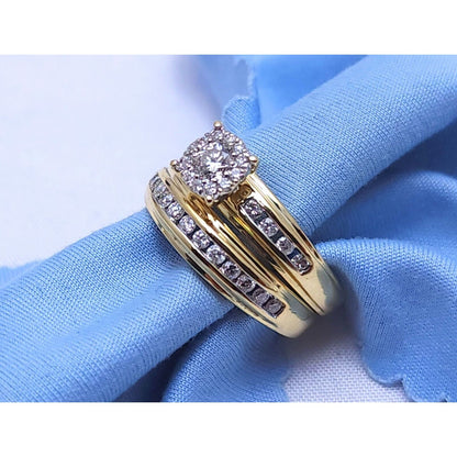 14K Yellow Gold Ladies Round Diamond Wedding Set Ring & Band