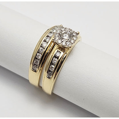 14K Yellow Gold Ladies Round Diamond Wedding Set Ring & Band