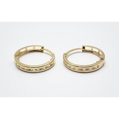 14K Yellow Gold Medium Sized Round Hoop CZ Earrings