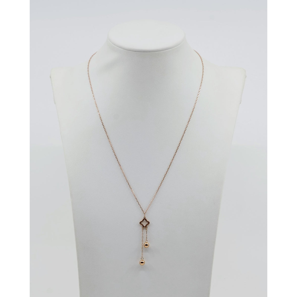 Thin 18K Rose Gold Quatrefoil Clover Double Ball Drop Lariat Pendant Necklace