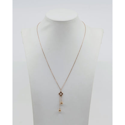 Thin 18K Rose Gold Quatrefoil Clover Double Ball Drop Lariat Pendant Necklace