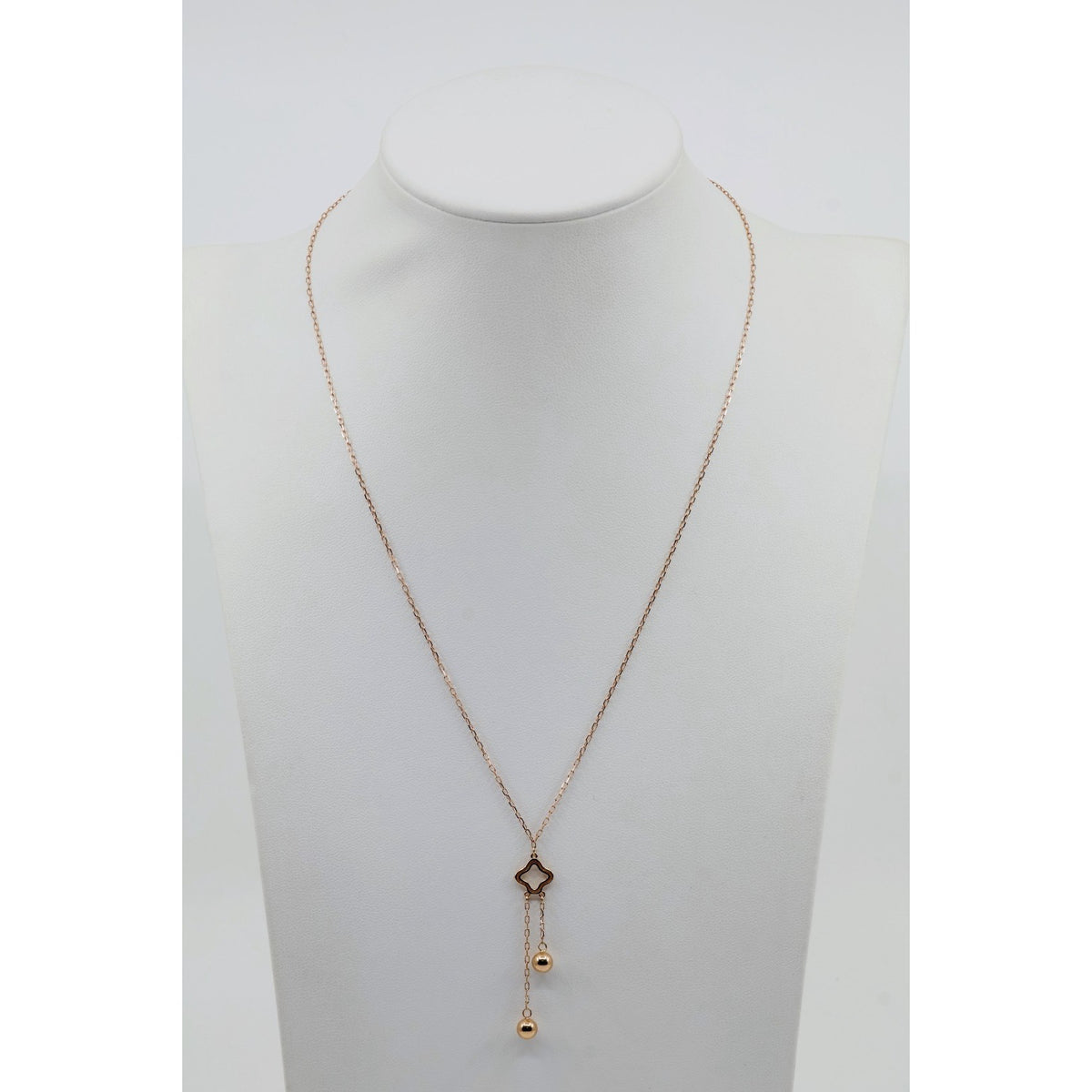 Thin 18K Rose Gold Quatrefoil Clover Double Ball Drop Lariat Pendant Necklace