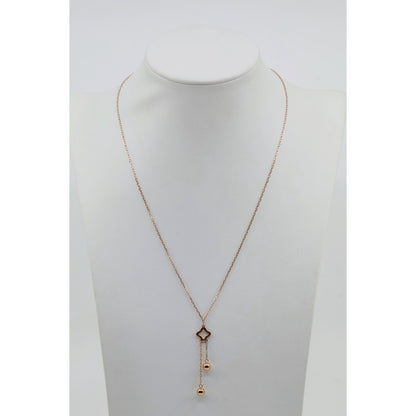 Thin 18K Rose Gold Quatrefoil Clover Double Ball Drop Lariat Pendant Necklace