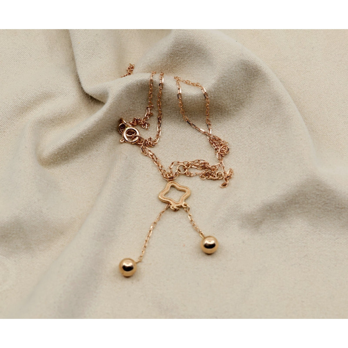 Thin 18K Rose Gold Quatrefoil Clover Double Ball Drop Lariat Pendant Necklace