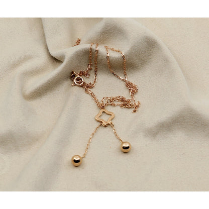 Thin 18K Rose Gold Quatrefoil Clover Double Ball Drop Lariat Pendant Necklace