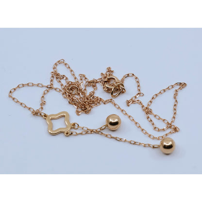 Thin 18K Rose Gold Quatrefoil Clover Double Ball Drop Lariat Pendant Necklace