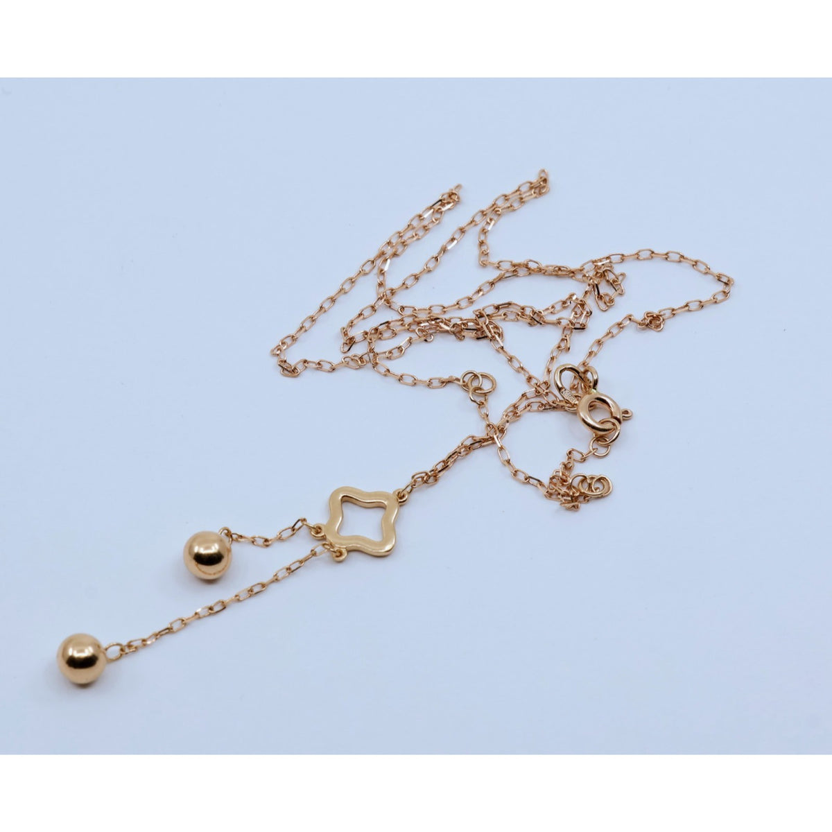 Thin 18K Rose Gold Quatrefoil Clover Double Ball Drop Lariat Pendant Necklace