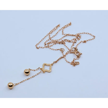 Thin 18K Rose Gold Quatrefoil Clover Double Ball Drop Lariat Pendant Necklace