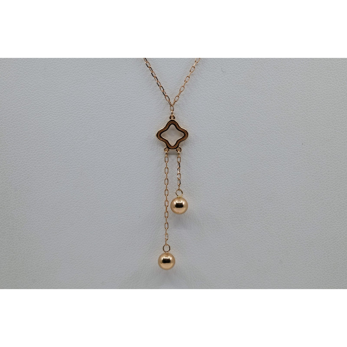 Thin 18K Rose Gold Quatrefoil Clover Double Ball Drop Lariat Pendant Necklace