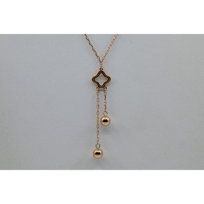 Thin 18K Rose Gold Quatrefoil Clover Double Ball Drop Lariat Pendant Necklace