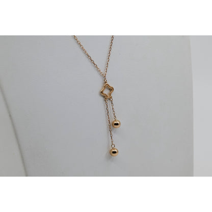 Thin 18K Rose Gold Quatrefoil Clover Double Ball Drop Lariat Pendant Necklace