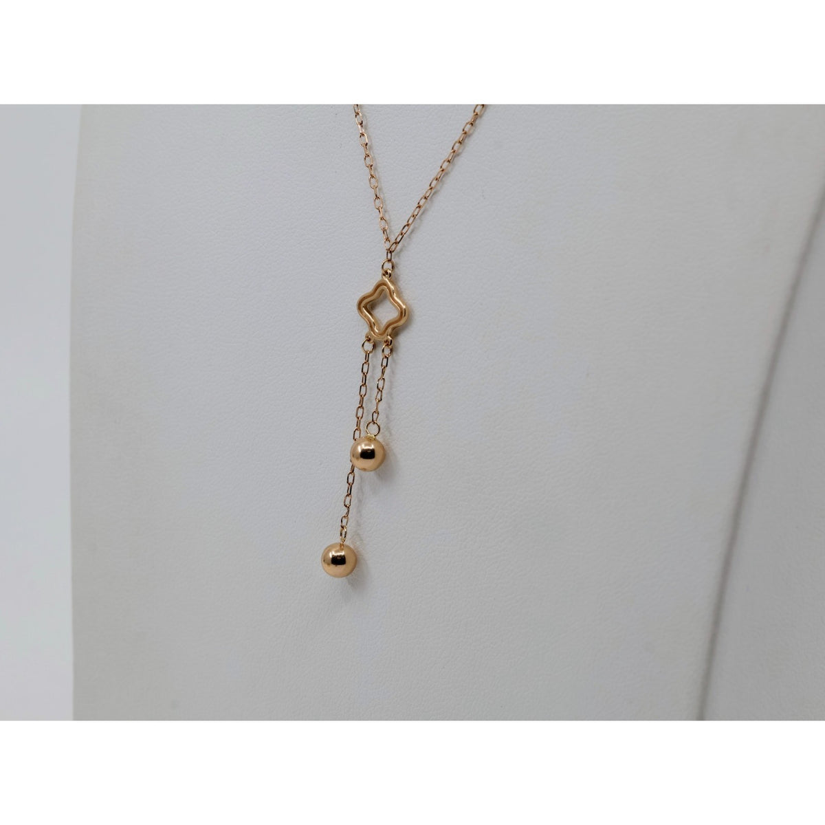 Thin 18K Rose Gold Quatrefoil Clover Double Ball Drop Lariat Pendant Necklace