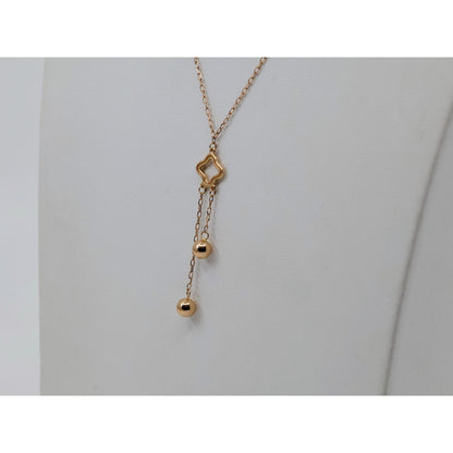 Thin 18K Rose Gold Quatrefoil Clover Double Ball Drop Lariat Pendant Necklace