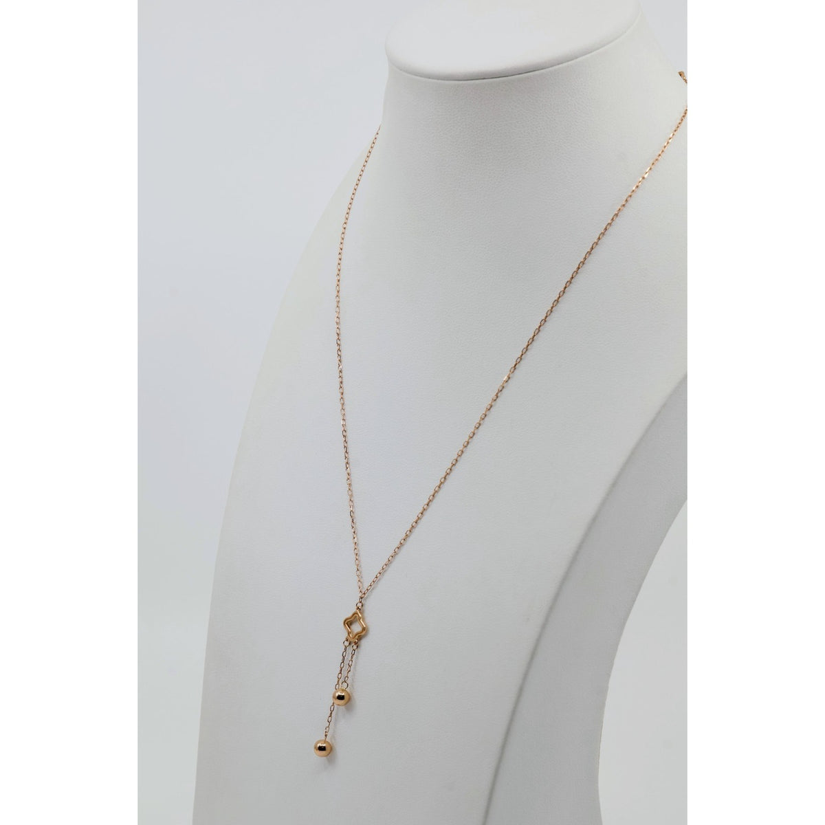 Thin 18K Rose Gold Quatrefoil Clover Double Ball Drop Lariat Pendant Necklace