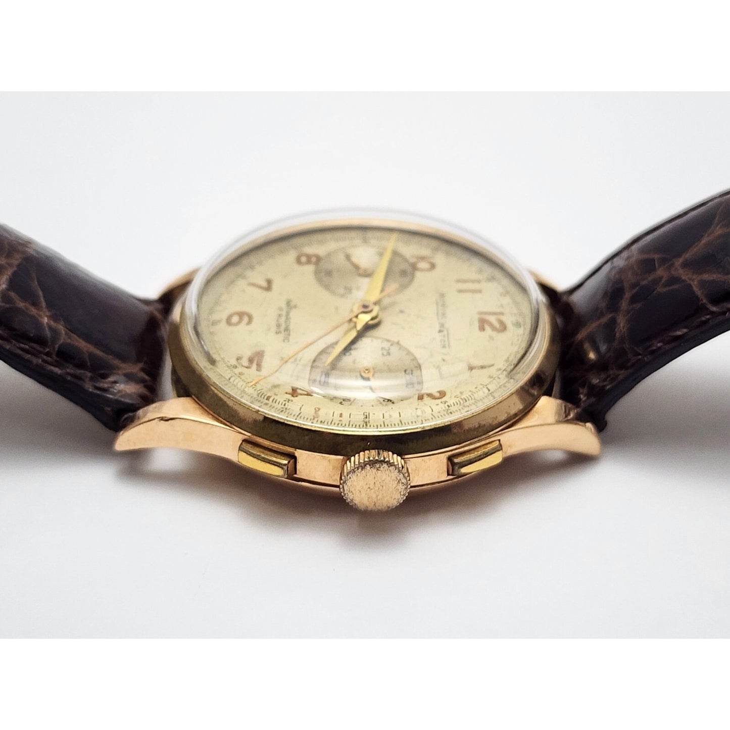 Vintage Monval 18K Rose Gold 37mm 17J Antimagnetic Chronograph Swiss Watch