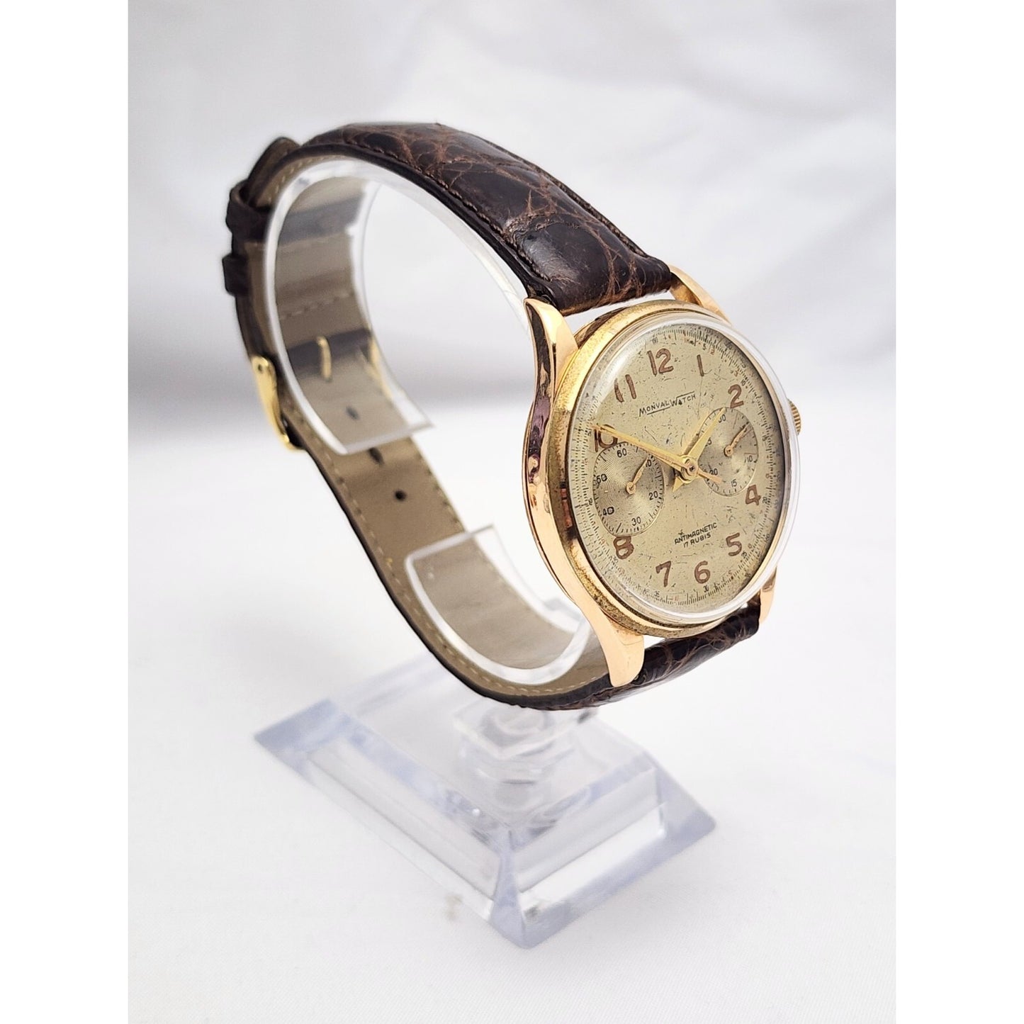 Vintage Monval 18K Rose Gold 37mm 17J Antimagnetic Chronograph Swiss Watch