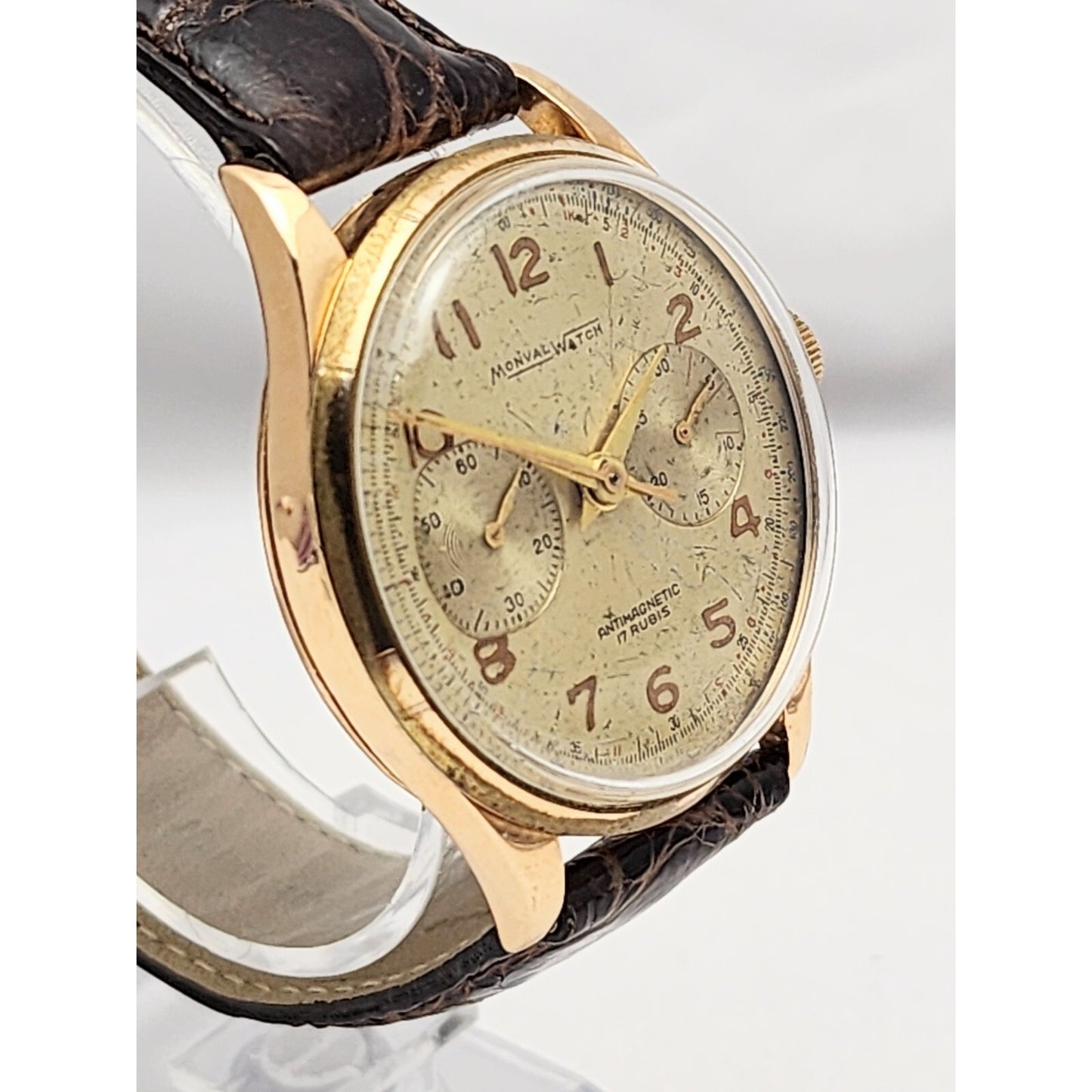 Vintage Monval 18K Rose Gold 37mm 17J Antimagnetic Chronograph Swiss Watch