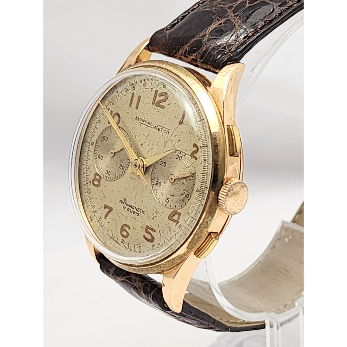 Vintage Monval 18K Rose Gold 37mm 17J Antimagnetic Chronograph Swiss Watch