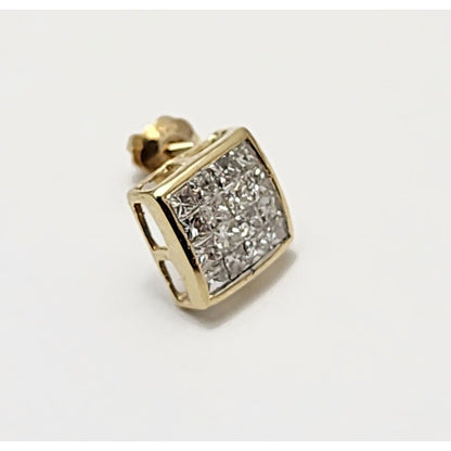 Single 14K Yellow Gold Square Shaped Princess Cut Diamond Stud Earring