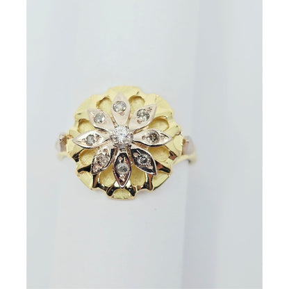 18K Two Tone Gold Floral Flower Diamond Ring