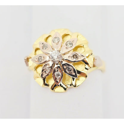 18K Two Tone Gold Floral Flower Diamond Ring