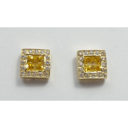 Unique 14K Yellow Gold Diamond & Yellow Colored Stones Square Stud Earrings