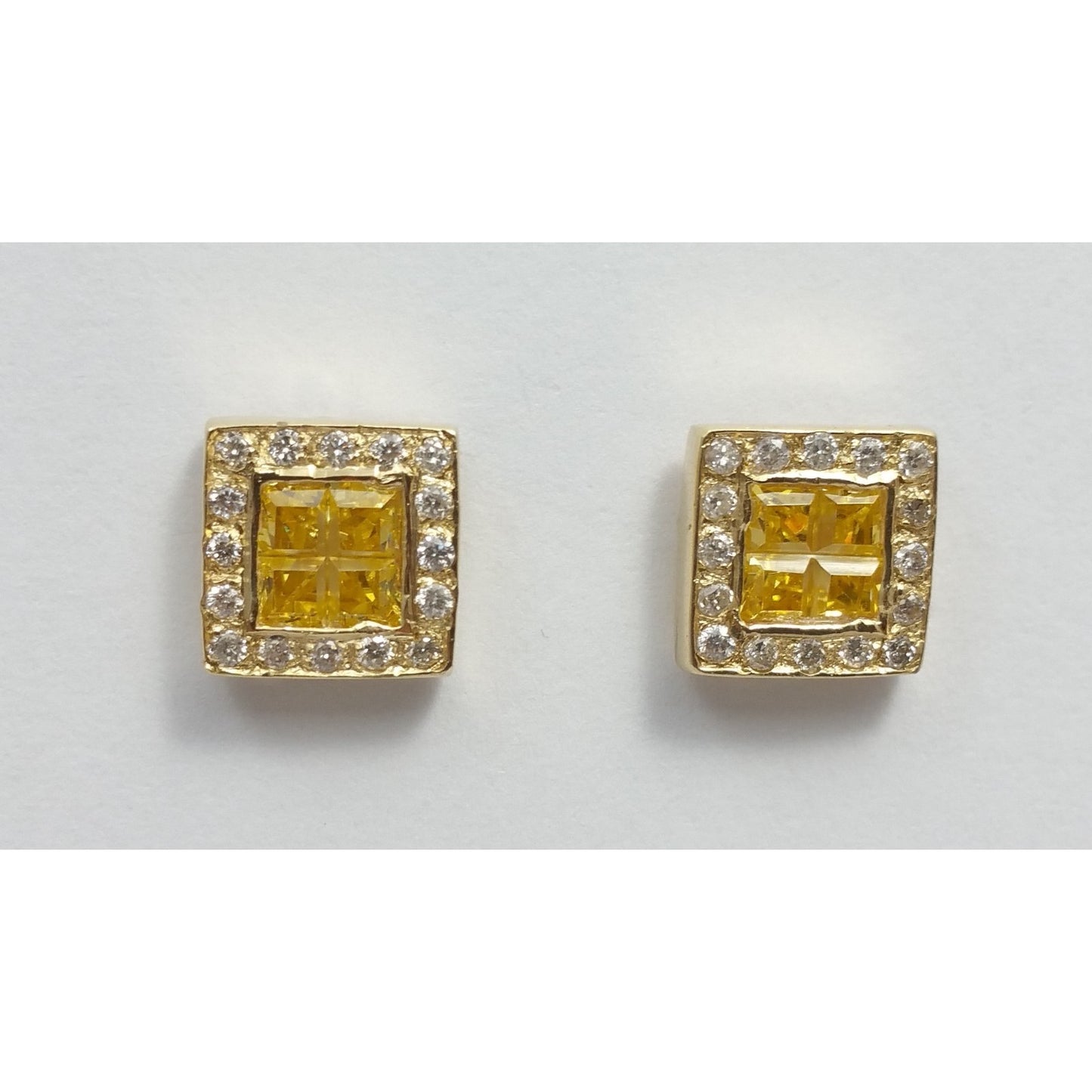 Unique 14K Yellow Gold Diamond & Yellow Colored Stones Square Stud Earrings