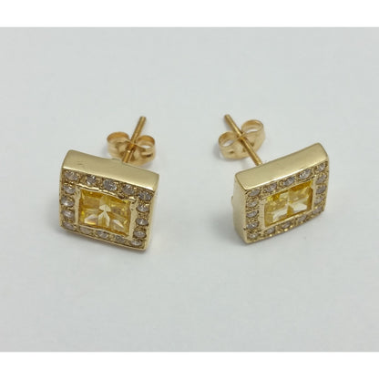 Unique 14K Yellow Gold Diamond & Yellow Colored Stones Square Stud Earrings
