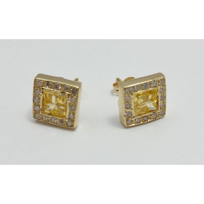 Unique 14K Yellow Gold Diamond & Yellow Colored Stones Square Stud Earrings