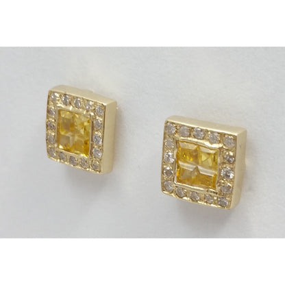 Unique 14K Yellow Gold Diamond & Yellow Colored Stones Square Stud Earrings