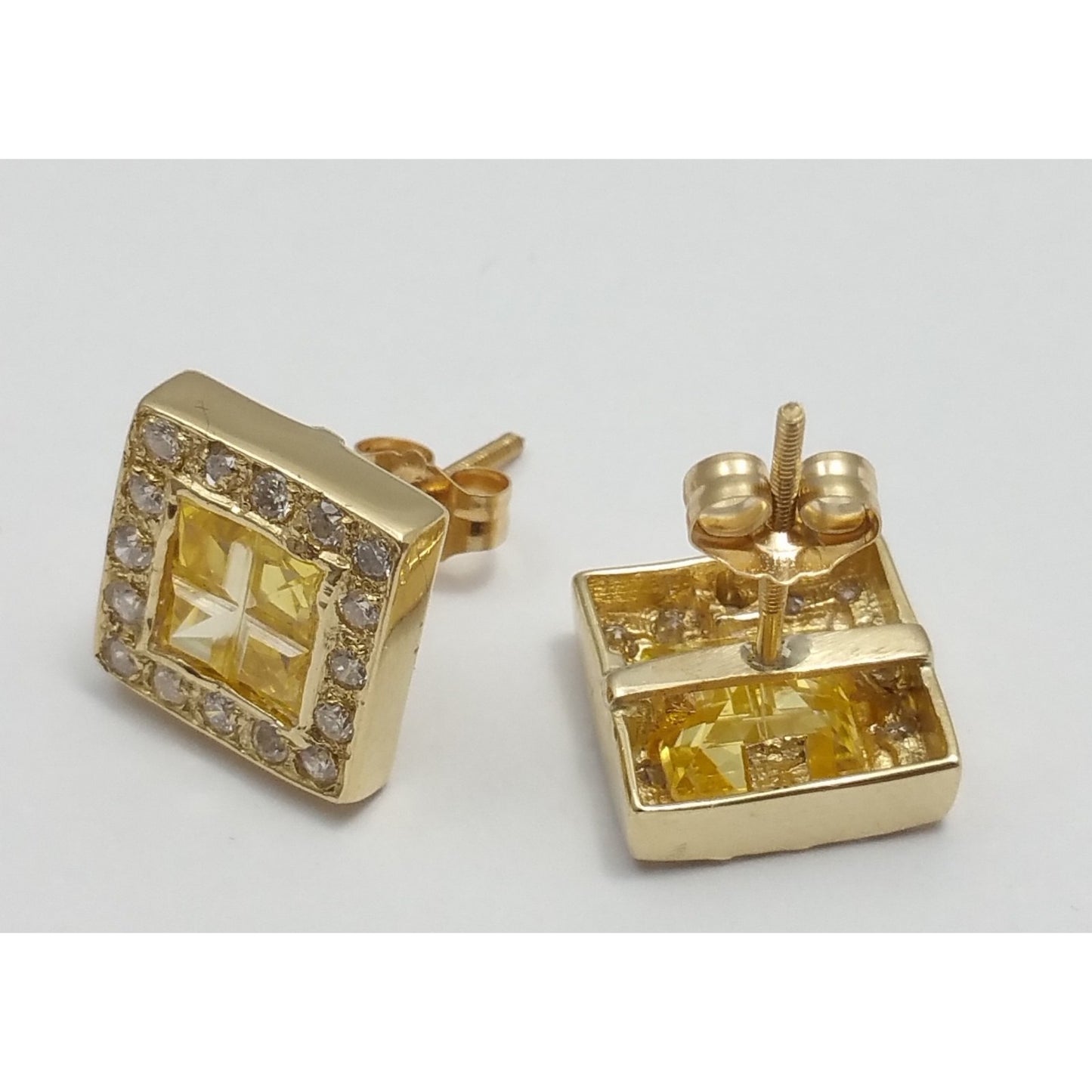 Unique 14K Yellow Gold Diamond & Yellow Colored Stones Square Stud Earrings