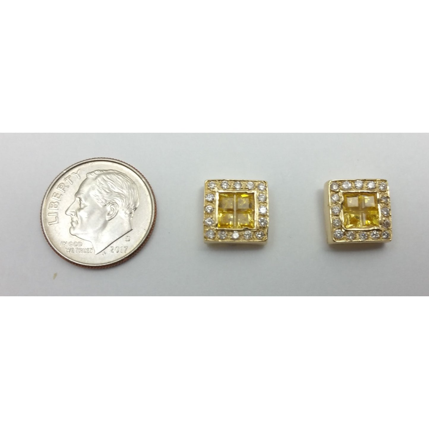 Unique 14K Yellow Gold Diamond & Yellow Colored Stones Square Stud Earrings
