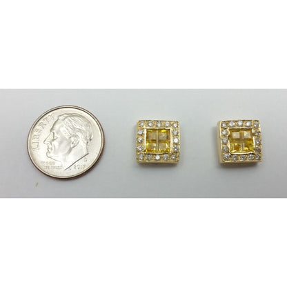 Unique 14K Yellow Gold Diamond & Yellow Colored Stones Square Stud Earrings