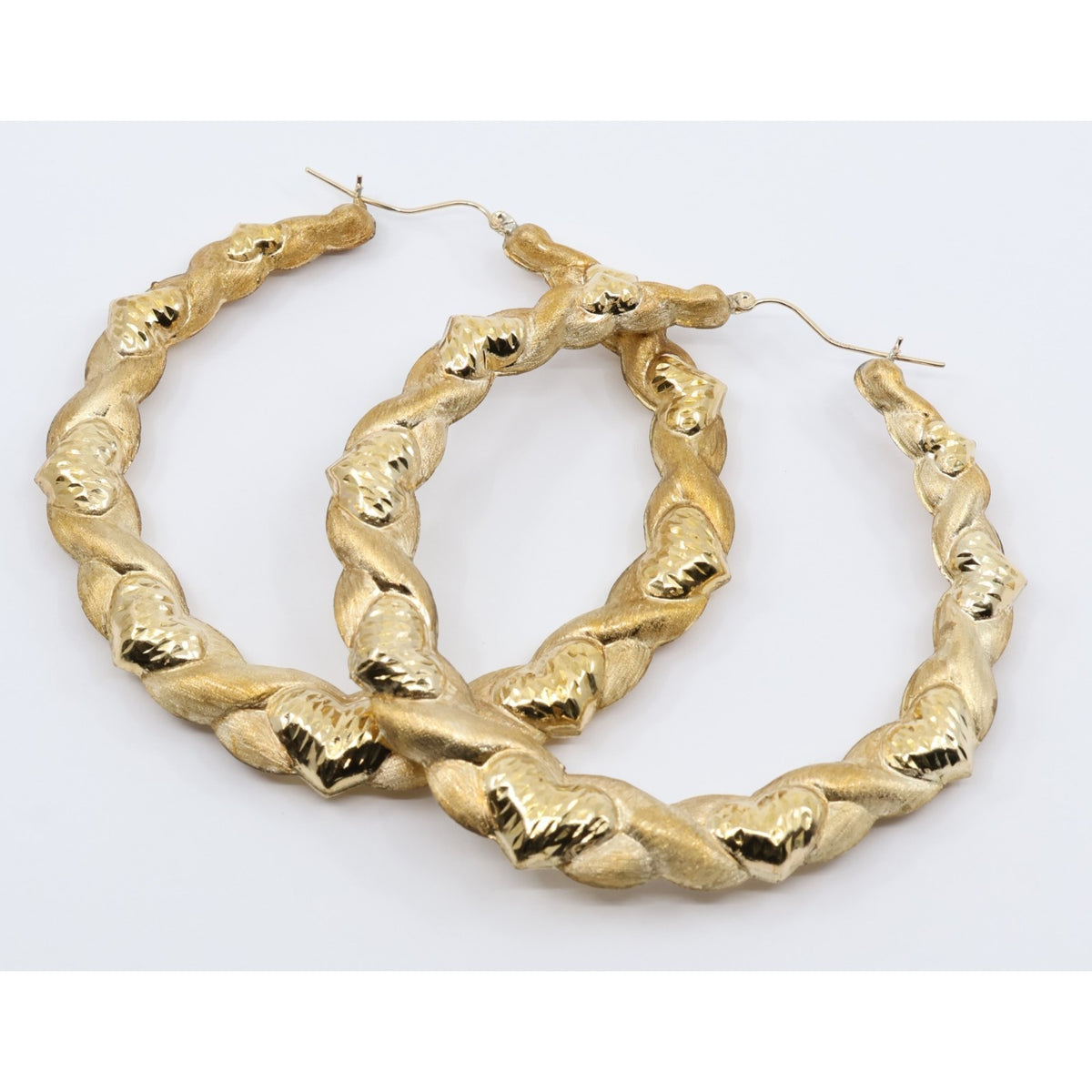 Large 10K Yellow Gold Braided Twist Diamond Cut Heart Hoop Earrings