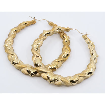 Large 10K Yellow Gold Braided Twist Diamond Cut Heart Hoop Earrings