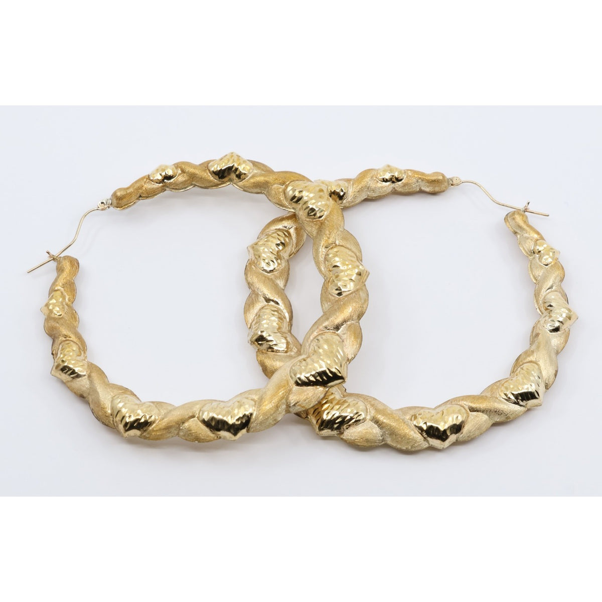 Large 10K Yellow Gold Braided Twist Diamond Cut Heart Hoop Earrings