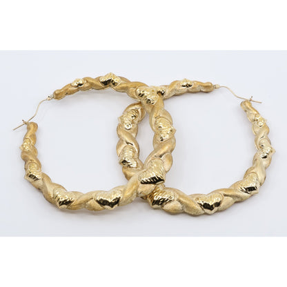 Large 10K Yellow Gold Braided Twist Diamond Cut Heart Hoop Earrings