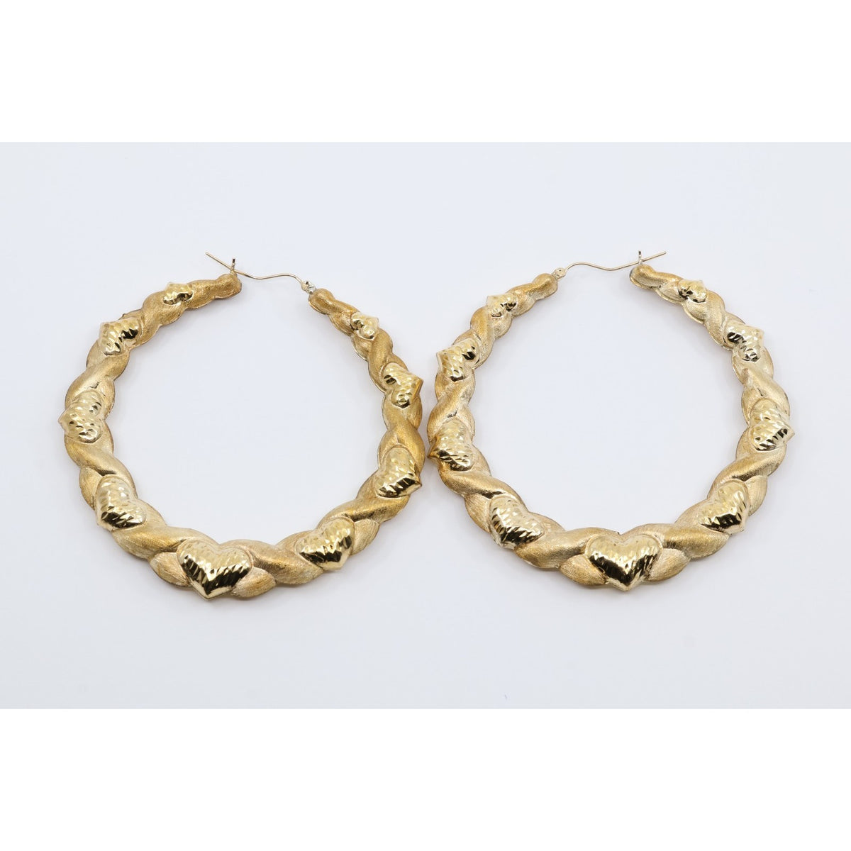 Large 10K Yellow Gold Braided Twist Diamond Cut Heart Hoop Earrings