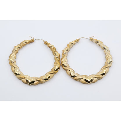 Large 10K Yellow Gold Braided Twist Diamond Cut Heart Hoop Earrings