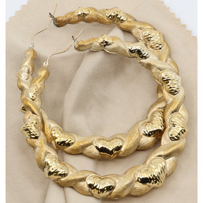 Large 10K Yellow Gold Braided Twist Diamond Cut Heart Hoop Earrings